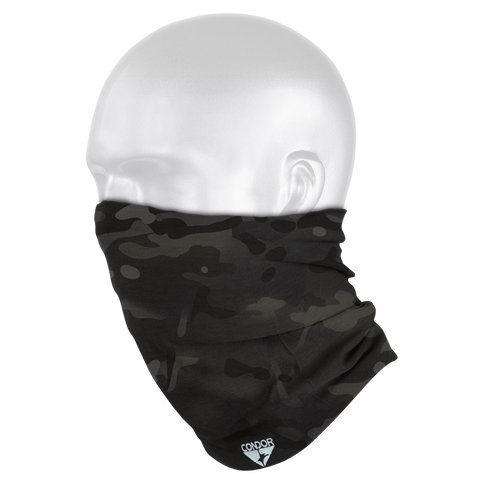 A mannequin head displays the Condor Multi Wrap - MultiCam Black, featuring a black camouflage pattern and a small Condor logo at the bottom.
