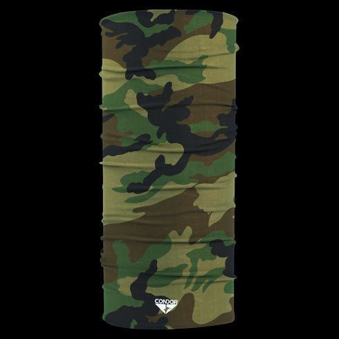 The Condor Multi Wrap is a camouflage-patterned, moisture-wicking multifunctional neck gaiter featuring the Condor logo at the base, shown against a plain background.