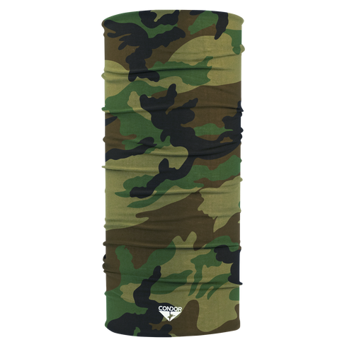 The Condor Multi Wrap is a camouflage-patterned, moisture-wicking multifunctional neck gaiter featuring the Condor logo at the base, shown against a plain background.