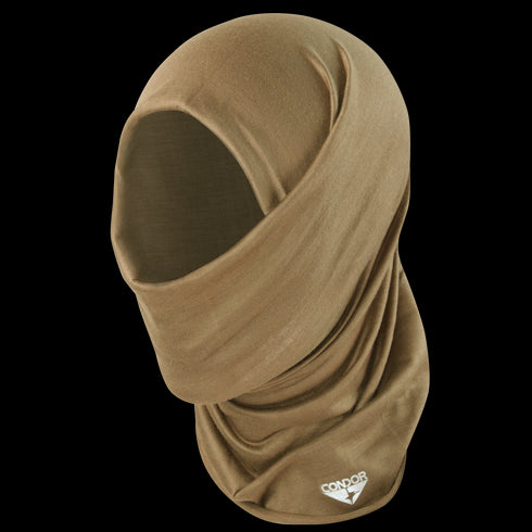 The Condor Multi Wrap in Coyote Brown is a moisture-wicking neck gaiter worn as a balaclava, covering the head, neck, and lower face. Featuring the Condor logo at the base, it offers versatile headwear for any mission.