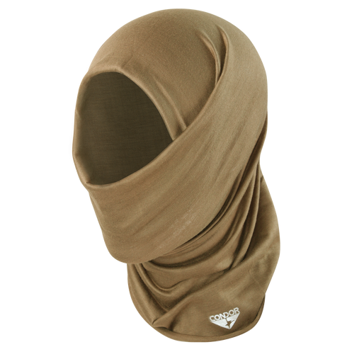 The Condor Multi Wrap in Coyote Brown is a moisture-wicking neck gaiter worn as a balaclava, covering the head, neck, and lower face. Featuring the Condor logo at the base, it offers versatile headwear for any mission.