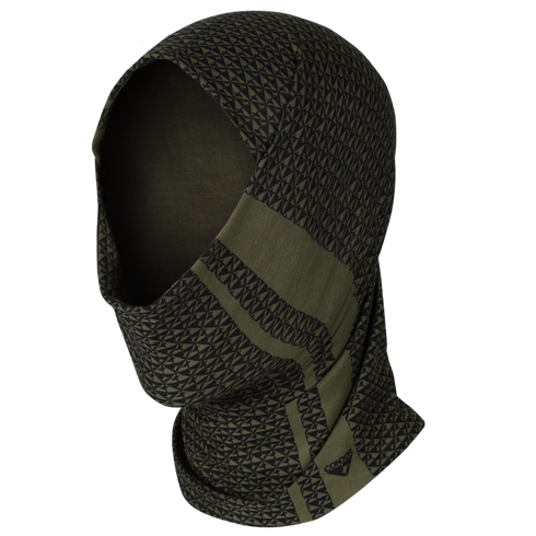 A side view of the Condor Multi Wrap in Condor Logo Olive Drab, featuring a geometric pattern and moisture-wicking fabric that covers head and neck while leaving the face partially exposed.