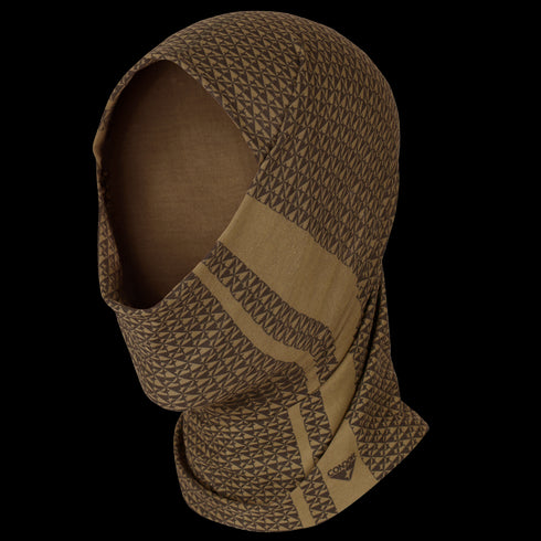 The Condor Multi Wrap in Condor Logo Coyote Brown is versatile headwear that covers the head, neck, and lower face. Displayed on a plain background, it features a patterned design and can be worn multiple ways.