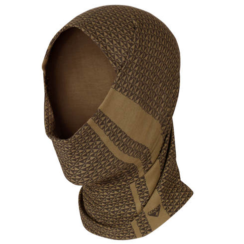 The Condor Multi Wrap in Condor Logo Coyote Brown is versatile headwear that covers the head, neck, and lower face. Displayed on a plain background, it features a patterned design and can be worn multiple ways.