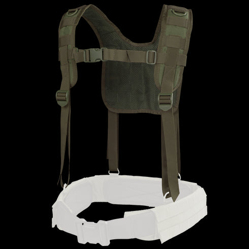 The Condor H-Harness in dark green features adjustable straps and buckles, shown attached to a partially visible white belt, isolated on a white background.