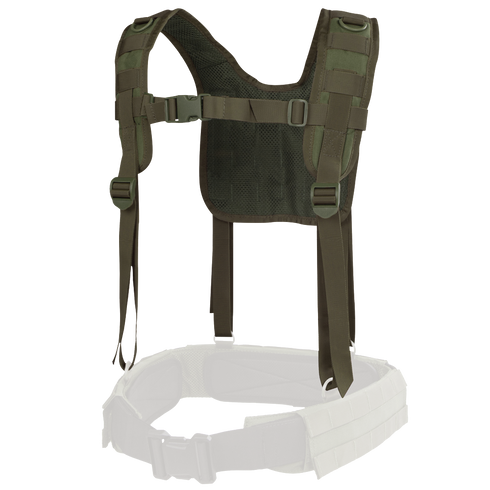 The Condor H-Harness in dark green features adjustable straps and buckles, shown attached to a partially visible white belt, isolated on a white background.