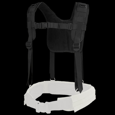 The Condor H-Harness, a black tactical shoulder harness with adjustable straps and buckles, is displayed attached to the top of a white padded belt.