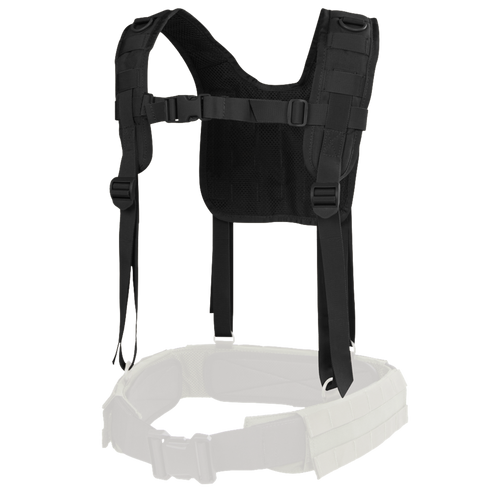 The Condor H-Harness, a black tactical shoulder harness with adjustable straps and buckles, is displayed attached to the top of a white padded belt.
