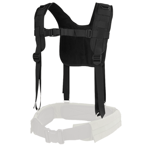 The Condor H-Harness, a black tactical shoulder harness with adjustable straps and buckles, is displayed attached to the top of a white padded belt.