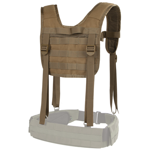 The Condor H-Harness in tan features adjustable straps and MOLLE webbing, shown on a white background with a partially transparent belt section.