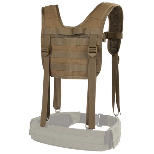 The Condor H-Harness in tan features adjustable straps and MOLLE webbing, shown on a white background with a partially transparent belt section.