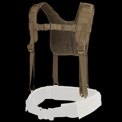 The Condor H-Harness in tan features adjustable straps, buckles, and MOLLE webbing, displayed above a partially visible white belt.