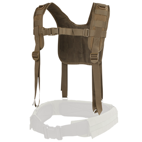 The Condor H-Harness in tan features adjustable straps, buckles, and MOLLE webbing, displayed above a partially visible white belt.