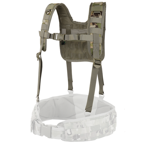 The Condor H-Harness - Scorpion OCP features camouflage-patterned shoulder straps, a mesh back, and is attached to a padded waist belt with webbing loops. Color: Scorpion OCP.