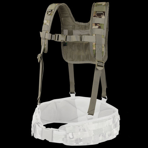 The Condor H-Harness - Scorpion OCP features camouflage-patterned shoulder straps, a mesh back, and is attached to a padded waist belt with webbing loops. Color: Scorpion OCP.