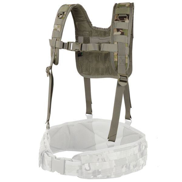 The Condor H-Harness - Scorpion OCP features camouflage-patterned shoulder straps, a mesh back, and is attached to a padded waist belt with webbing loops. Color: Scorpion OCP.
