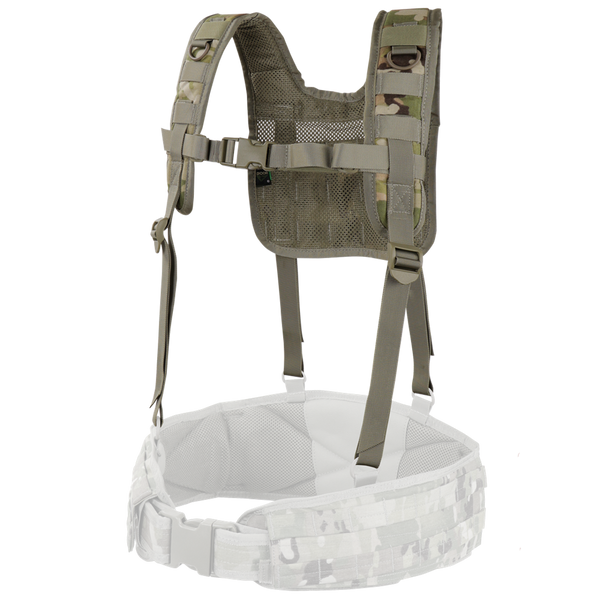 The Condor H-Harness - Scorpion OCP features camouflage-patterned shoulder straps, a mesh back, and is attached to a padded waist belt with webbing loops. Color: Scorpion OCP.