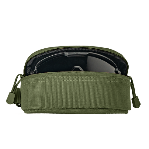A Condor Sunglasses Case - Scorpion OCP in green sits partially unzipped, revealing a black object inside, set against a plain white background.