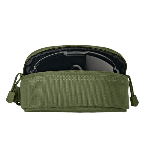A Condor Sunglasses Case - Scorpion OCP in green sits partially unzipped, revealing a black object inside, set against a plain white background.