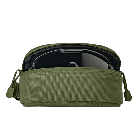 A Condor Sunglasses Case - Scorpion OCP in green sits partially unzipped, revealing a black object inside, set against a plain white background.
