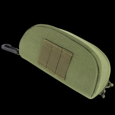 The Condor Sunglasses Case - Scorpion OCP features a zippered pouch in olive green with a MOLLE strip and plastic clip, made of durable fabric—perfect for military or law enforcement use.