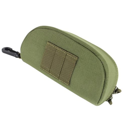 The Condor Sunglasses Case - Scorpion OCP features a zippered pouch in olive green with a MOLLE strip and plastic clip, made of durable fabric—perfect for military or law enforcement use.