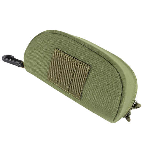 The Condor Sunglasses Case - Scorpion OCP features a zippered pouch in olive green with a MOLLE strip and plastic clip, made of durable fabric—perfect for military or law enforcement use.