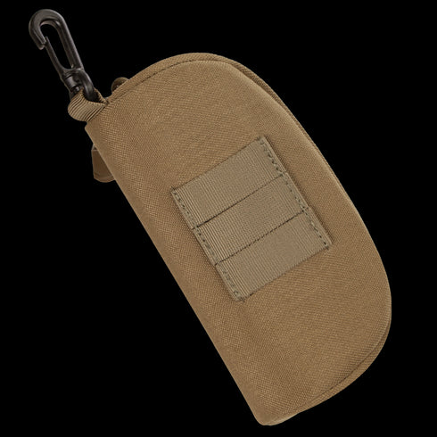 The Condor Sunglasses Case is a tan tactical pouch featuring a zipper, front MOLLE webbing, and a black carabiner clip on one end.