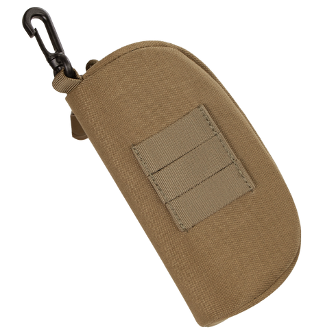 The Condor Sunglasses Case is a tan tactical pouch featuring a zipper, front MOLLE webbing, and a black carabiner clip on one end.