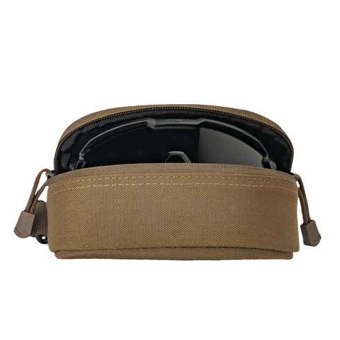A tan Condor Sunglasses Case with a zipper is partially open, showing a black object inside against a plain white background.