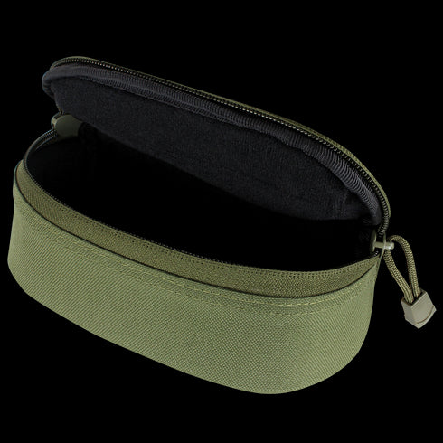 The Condor Sunglasses Case - Scorpion OCP is an open olive green zippered pouch with a black interior and fabric pull tab—ideal for EDC or bushcraft essentials.