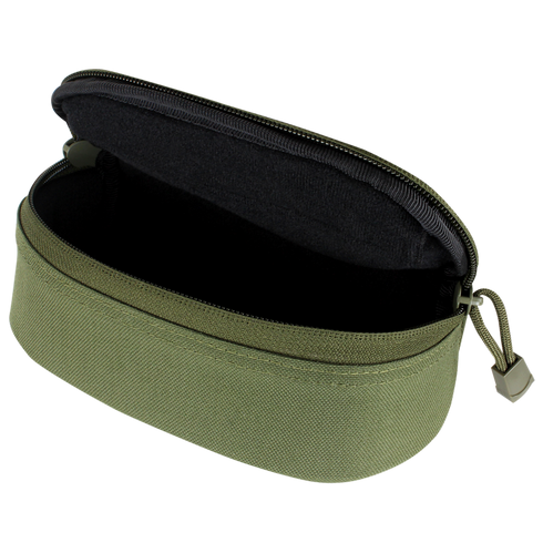 The Condor Sunglasses Case - Scorpion OCP is an open olive green zippered pouch with a black interior and fabric pull tab—ideal for EDC or bushcraft essentials.