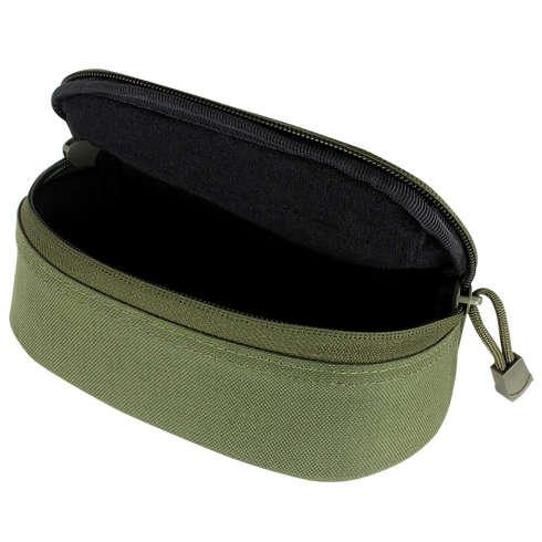 The Condor Sunglasses Case - Scorpion OCP is an open olive green zippered pouch with a black interior and fabric pull tab—ideal for EDC or bushcraft essentials.