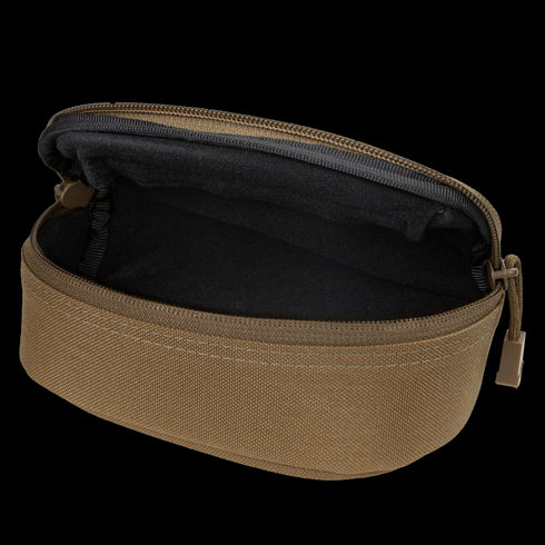 The Condor Sunglasses Case is a small brown zippered pouch with its top open, revealing a black interior lining.