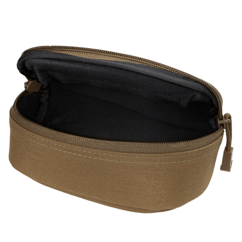 The Condor Sunglasses Case is a small brown zippered pouch with its top open, revealing a black interior lining.