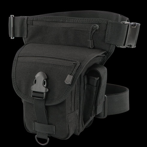The Condor Cross Over Leg Rig features multiple zippered pockets, an adjustable waist strap, and a front flap with a plastic buckle—perfect for bushcraft adventures or shooting range visits.