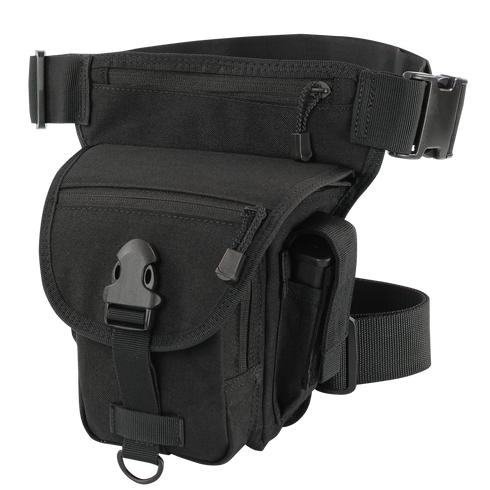 The Condor Cross Over Leg Rig features multiple zippered pockets, an adjustable waist strap, and a front flap with a plastic buckle—perfect for bushcraft adventures or shooting range visits.