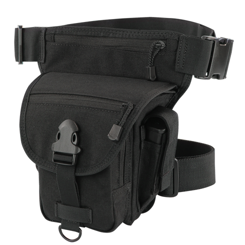 The Condor Cross Over Leg Rig features multiple zippered pockets, an adjustable waist strap, and a front flap with a plastic buckle—perfect for bushcraft adventures or shooting range visits.