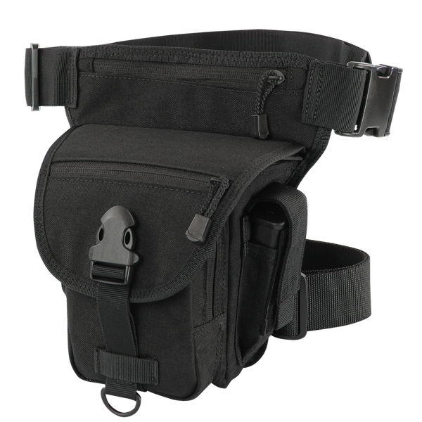 The Condor Cross Over Leg Rig features multiple zippered pockets, an adjustable waist strap, and a front flap with a plastic buckle—perfect for bushcraft adventures or shooting range visits.