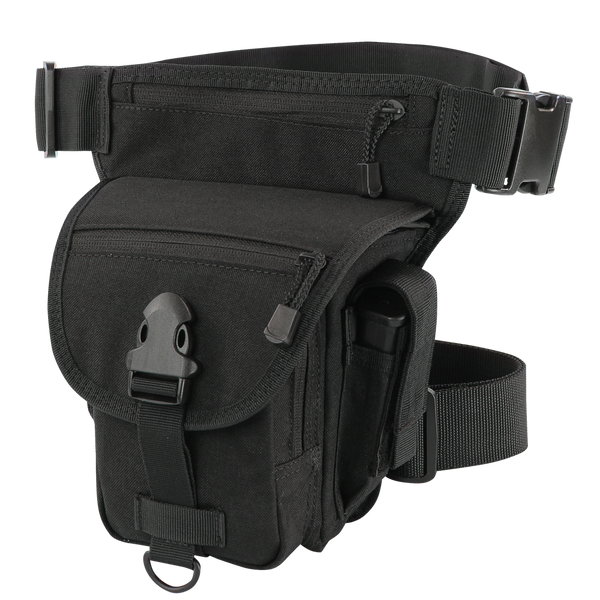 The Condor Cross Over Leg Rig features multiple zippered pockets, an adjustable waist strap, and a front flap with a plastic buckle—perfect for bushcraft adventures or shooting range visits.