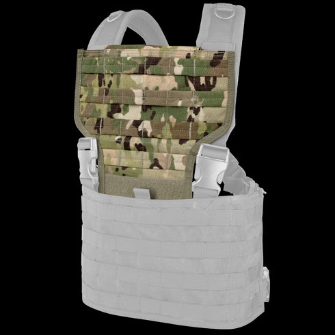 The Condor MCR Bib Integration Kit in Scorpion OCP features a camouflage design, adjustable straps, and MOLLE webbing for modular attachments.