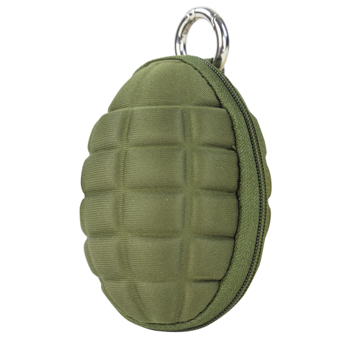 The Condor Grenade Key Chain Pouch in Olive Drab features a compression-molded, grenade-shaped design with a zippered closure and metal keyring, combining tactical style and durability. Shown against a plain background.