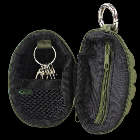 The Condor Grenade Key Chain Pouch is a small, oval green tactical zippered pouch with a keyring, mesh pocket, and inner zipper compartment, shown open to display its interior.