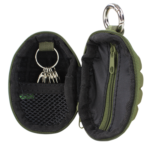 The Condor Grenade Key Chain Pouch is a small, oval green tactical zippered pouch with a keyring, mesh pocket, and inner zipper compartment, shown open to display its interior.
