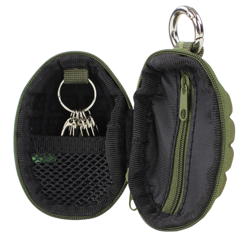 The Condor Grenade Key Chain Pouch is a small, oval green tactical zippered pouch with a keyring, mesh pocket, and inner zipper compartment, shown open to display its interior.