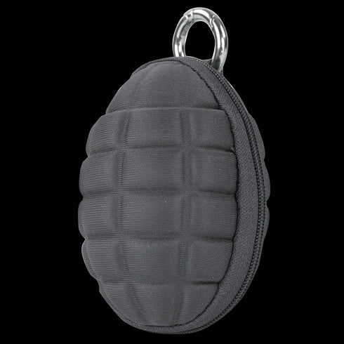 The Condor Grenade Key Chain Pouch is a small, oval black zippered case with a textured grid surface and a metal carabiner—ideal for EDC or bushcraft essentials.