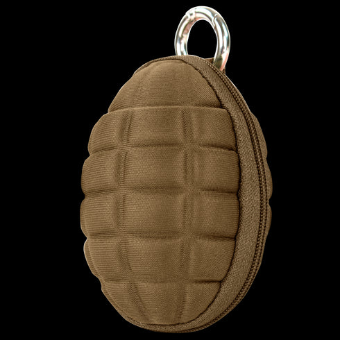 The Condor Grenade Key Chain Pouch is a coyote brown fabric pouch with a compression-molded grenade shape and zippered closure, plus a silver keyring at the top for tactical style and convenience.