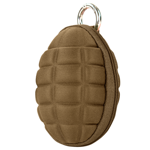 The Condor Grenade Key Chain Pouch is a coyote brown fabric pouch with a compression-molded grenade shape and zippered closure, plus a silver keyring at the top for tactical style and convenience.