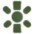 Seven green Condor Helmet Pads II, including one large round pad and six smaller rectangular and oval pads, are arranged in a circle on a white background.