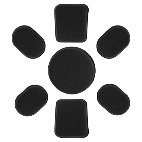 Seven black Condor Helmet Pads II in various shapes are arranged in a circle on a white background, with one large circular pad in the center surrounded by six rectangular pads.